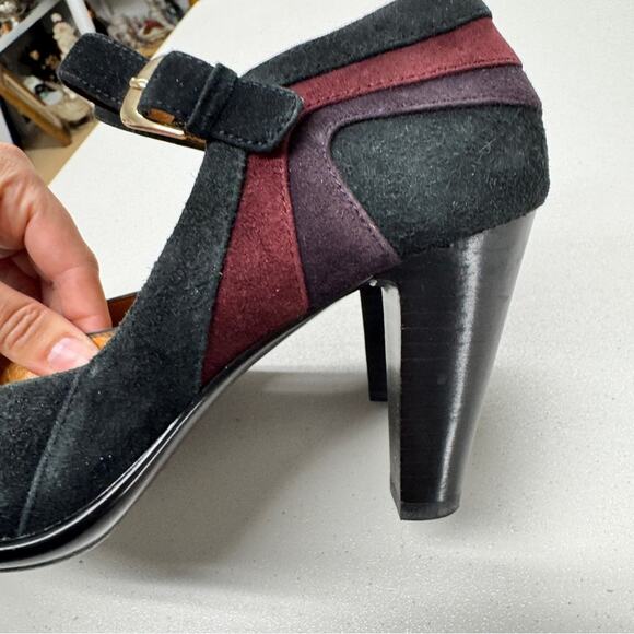 Sofft Black Red Suede Leather Peep Toe Mary Jane Heels Womens 7 Retro Classic - Picture 5 of 10